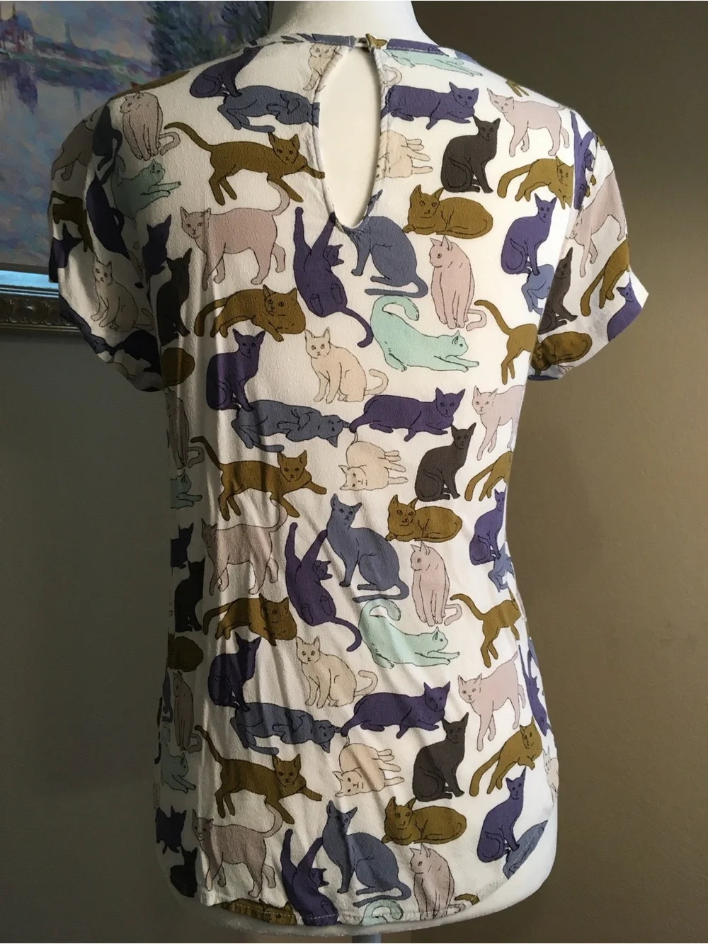 H&M White Short Sleeve Pocket Tee with Multi-Color Cat Print